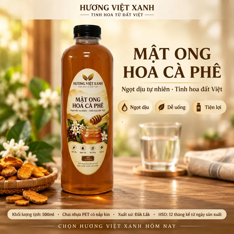 Mật Ong Hoa Cà Phê Nguyên Chất Đắk Lắk 500 ml - Nguyên Chất 100%, Không Đường - ảnh sản phẩm thật, nhãn Hương Việt Xanh