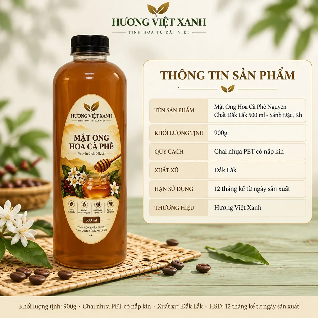 Mật Ong Hoa Cà Phê Nguyên Chất Đắk Lắk 500 ml - Sánh Đặc, Không Pha Đường - ảnh sản phẩm thật, nhãn in Hương Việt Xanh 500 ml