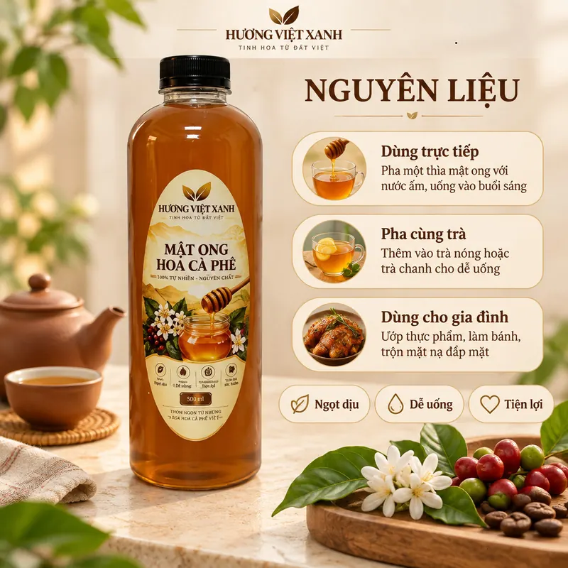 Mật Ong Hoa Cà Phê Nguyên Chất Đắk Lắk 500 ml - Thơm Dịu, Màu Hổ Phách Đẹp - ảnh sản phẩm thật, nhãn Hương Việt Xanh