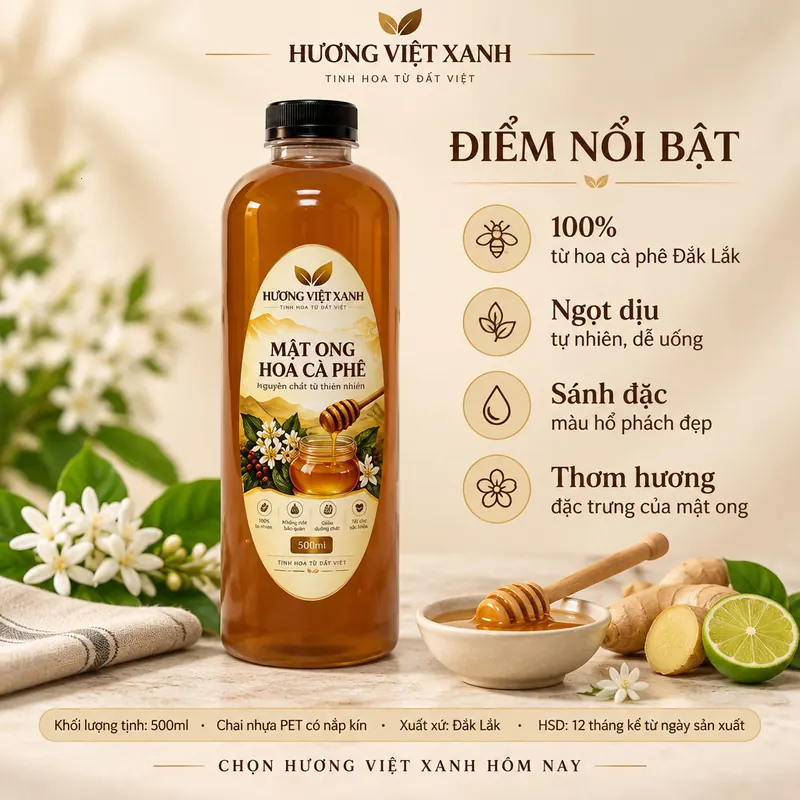 Mật Ong Hoa Cà Phê Nguyên Chất Đắk Lắk 500 ml - Vị Ngọt Thanh Tự Nhiên - ảnh sản phẩm thật, nhãn Hương Việt Xanh