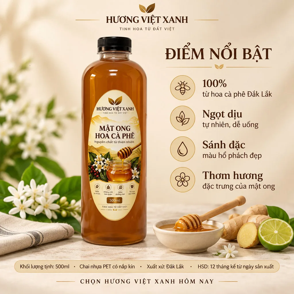 Mật Ong Hoa Cà Phê Nguyên Chất Đắk Lắk 500 ml - Vị Ngọt Thanh Tự Nhiên - ảnh sản phẩm thật, nhãn in Hương Việt Xanh 500 ml