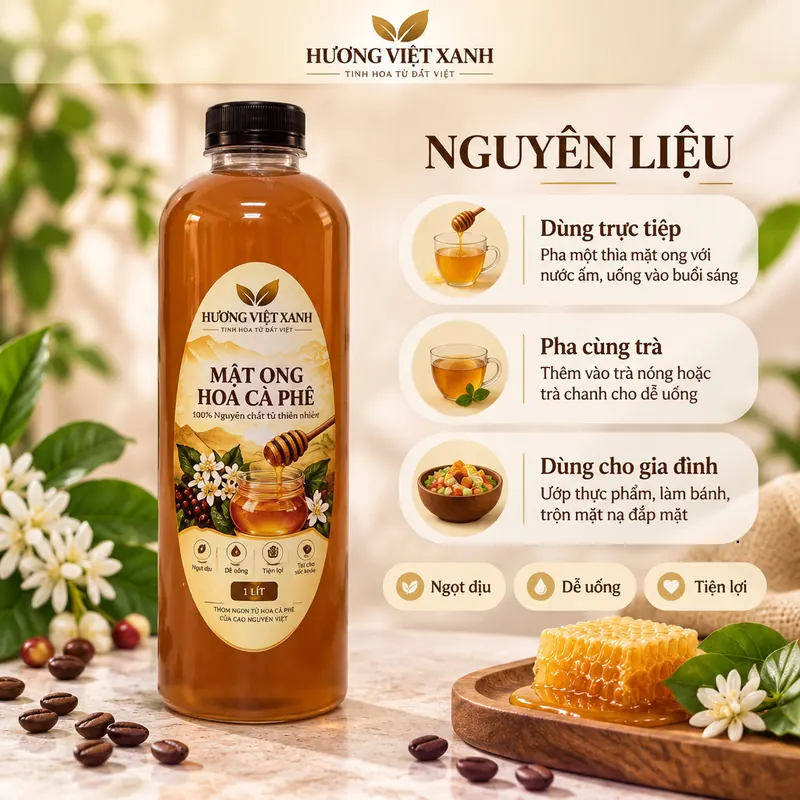 Mật Ong Hoa Cà Phê Nguyên Chất Đắk Lắk 500ml 1 lít - Đặc Sánh, Dùng Pha Nước Đắp Mặt - ảnh sản phẩm thật, nhãn Hương Việt Xanh