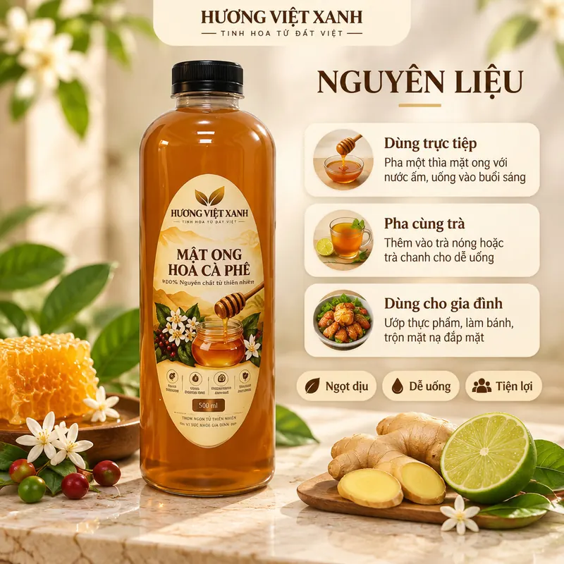 Mật Ong Hoa Cà Phê Nguyên Chất Đắk Lắk 700 gram - Nguyên Chất 100%, Không Đường - ảnh sản phẩm thật, nhãn Hương Việt Xanh