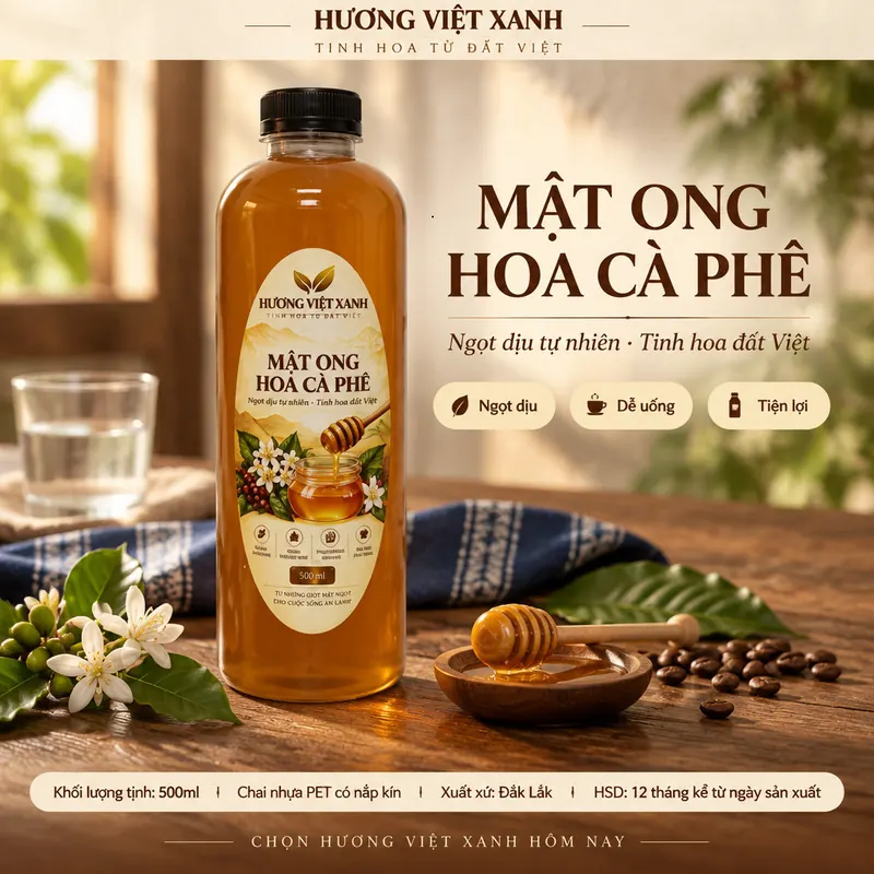 Mật Ong Hoa Cà Phê Nguyên Chất Đắk Lắk 700 gram - Sánh Đặc, Không Pha Đường - ảnh sản phẩm thật, nhãn Hương Việt Xanh