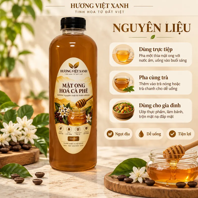 Mật Ong Hoa Cà Phê Nguyên Chất Đắk Lắk 700 gram - Thơm Dịu, Màu Hổ Phách Đẹp - ảnh sản phẩm thật, nhãn Hương Việt Xanh