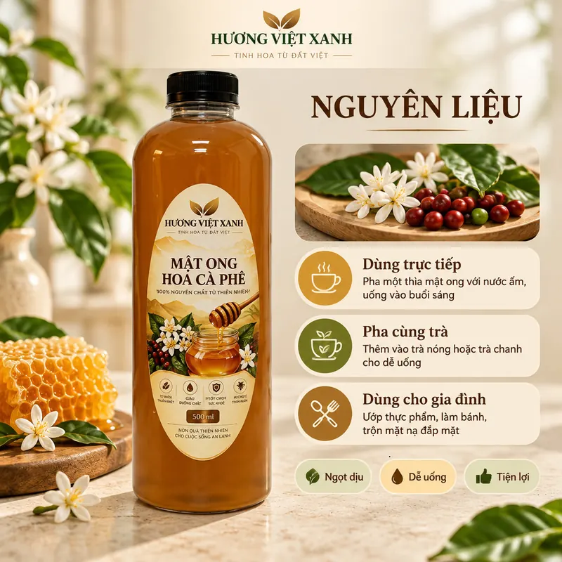 Mật Ong Hoa Cà Phê Nguyên Chất Đắk Lắk 700 gram - Thu Hoạch Tự Nhiên, Không Chất Bảo Quản - ảnh sản phẩm thật, nhãn Hương Việt Xanh