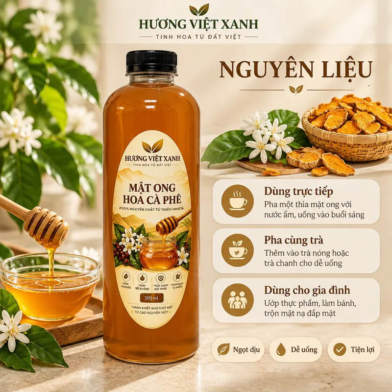Mật Ong Hoa Cà Phê Nguyên Chất Đắk Lắk 700g - Đặc Sánh, Dùng Pha Nước Đắp Mặt - ảnh sản phẩm thật, nhãn Hương Việt Xanh
