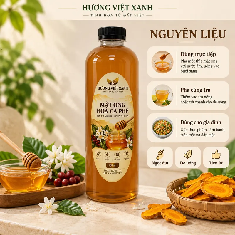 Mật Ong Hoa Cà Phê Nguyên Chất Đắk Lắk 700g - Nguyên Chất 100%, Không Đường - ảnh sản phẩm thật, nhãn Hương Việt Xanh
