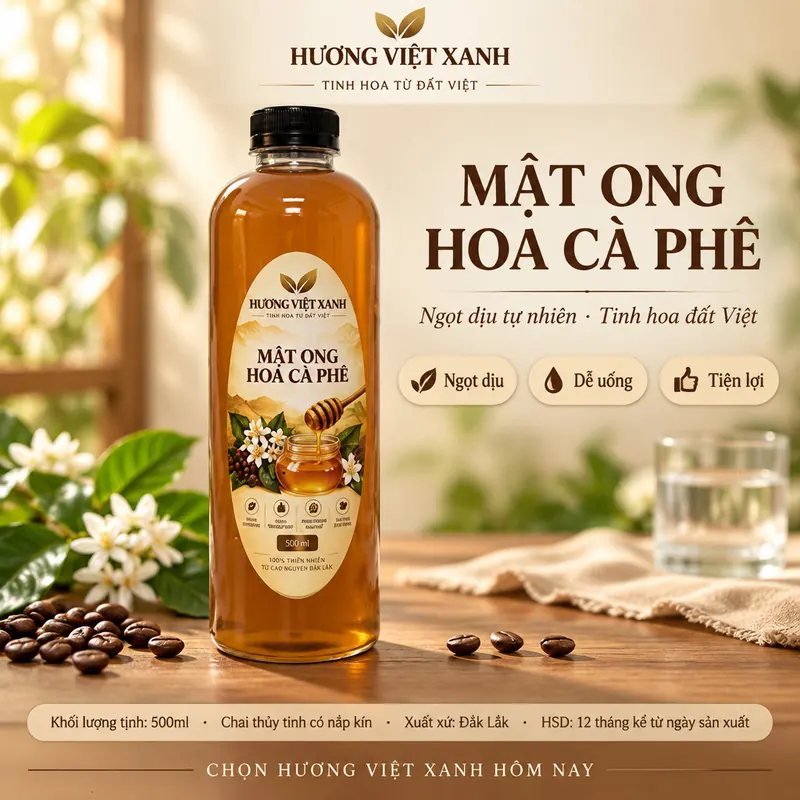 Mật Ong Hoa Cà Phê Nguyên Chất Đắk Lắk 700g - Thơm Dịu, Màu Hổ Phách Đẹp - ảnh sản phẩm thật, nhãn Hương Việt Xanh