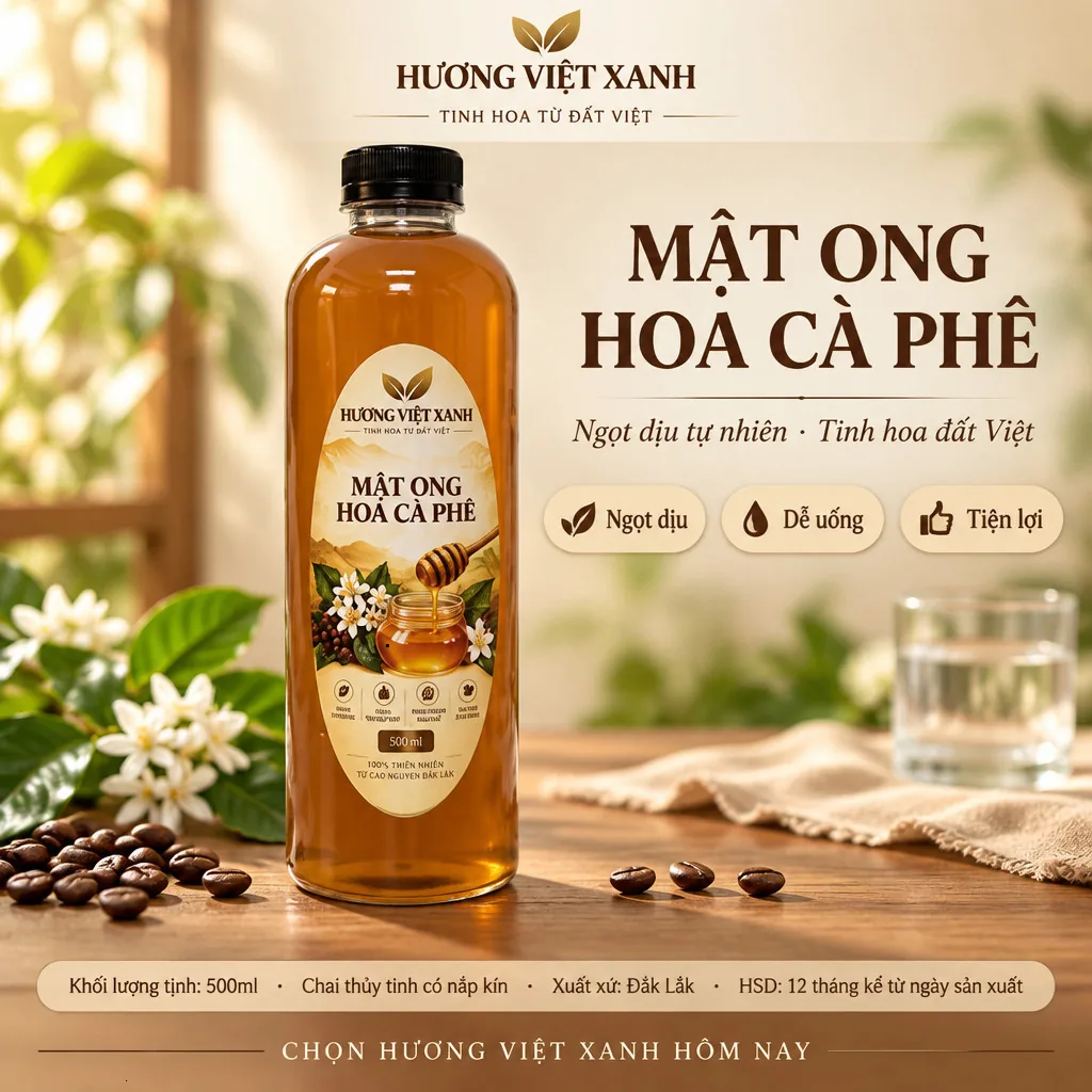 Mật Ong Hoa Cà Phê Nguyên Chất Đắk Lắk 700g - Thơm Dịu, Màu Hổ Phách Đẹp - ảnh sản phẩm thật, nhãn in Hương Việt Xanh 700 g
