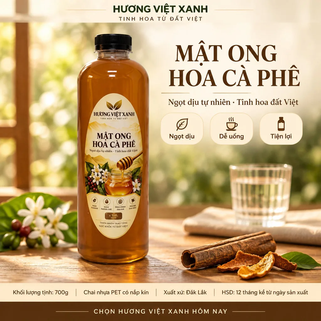 Mật Ong Hoa Cà Phê Nguyên Chất Đắk Lắk 700g - Thu Hoạch Tự Nhiên, Không Chất Bảo Quản - ảnh sản phẩm thật, nhãn in Hương Việt Xanh 700 g