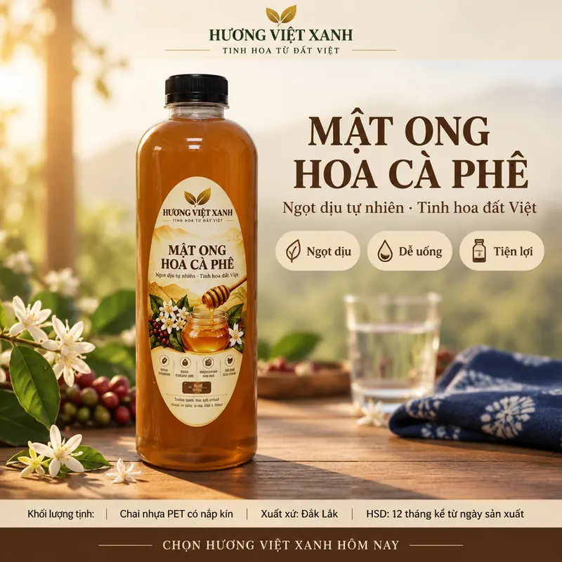 Mật Ong Hoa Cà Phê Nguyên Chất Đắk Lắk - Thu Hoạch Tự Nhiên, Không Chất Bảo Quản - ảnh sản phẩm thật, nhãn Hương Việt Xanh