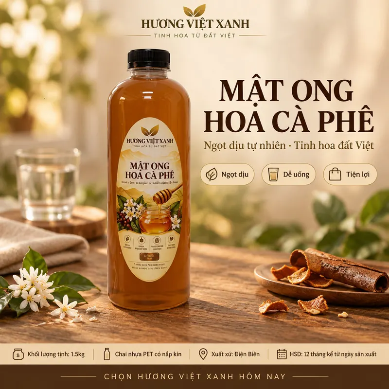Mật Ong Hoa Cà Phê Nguyên Chất Điện Biên 1500g - Sánh Đặc, Không Pha Đường - ảnh sản phẩm thật, nhãn Hương Việt Xanh