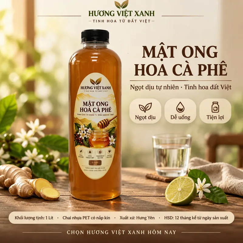 Mật Ong Hoa Cà Phê Nguyên Chất Hưng Yên 1000ml - Sánh Đặc, Không Pha Đường - ảnh sản phẩm thật, nhãn Hương Việt Xanh