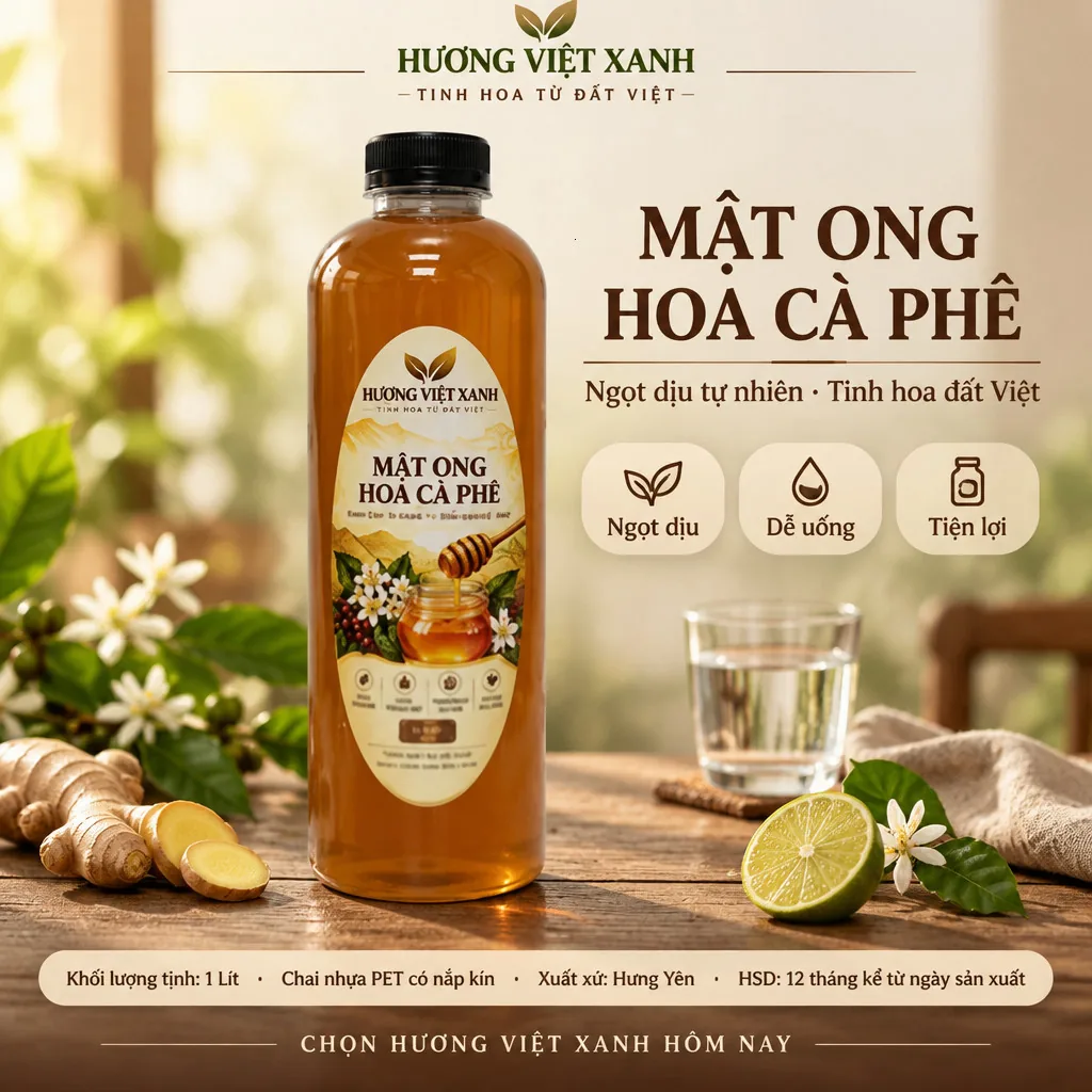Mật Ong Hoa Cà Phê Nguyên Chất Hưng Yên 1000ml - Sánh Đặc, Không Pha Đường - ảnh sản phẩm thật, nhãn in Hương Việt Xanh 1 lít