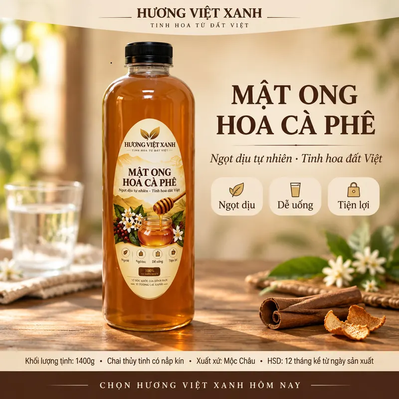 Mật Ong Hoa Cà Phê Nguyên Chất Mộc Châu 1 Lít - Nguyên Chất 100%, Không Đường - ảnh sản phẩm thật, nhãn Hương Việt Xanh