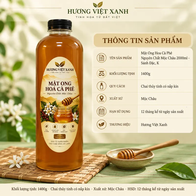 Mật Ong Hoa Cà Phê Nguyên Chất Mộc Châu 2000ml - Sánh Đặc, Không Pha Đường - ảnh sản phẩm thật, nhãn Hương Việt Xanh
