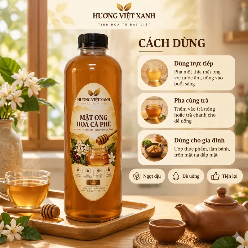 Mật Ong Hoa Cà Phê Nguyên Chất Nam Cát Tiên 700 gram - Thơm Dịu, Màu Hổ Phách Đẹp - ảnh sản phẩm thật, nhãn Hương Việt Xanh