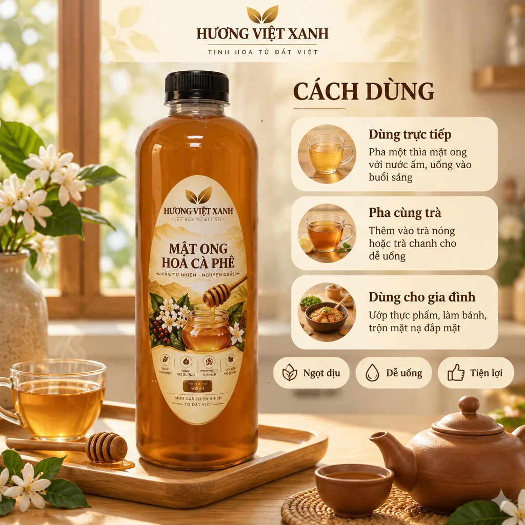 Mật Ong Hoa Cà Phê Nguyên Chất Nam Cát Tiên 700 gram - Thơm Dịu, Màu Hổ Phách Đẹp - ảnh sản phẩm thật, nhãn in Hương Việt Xanh 700 g