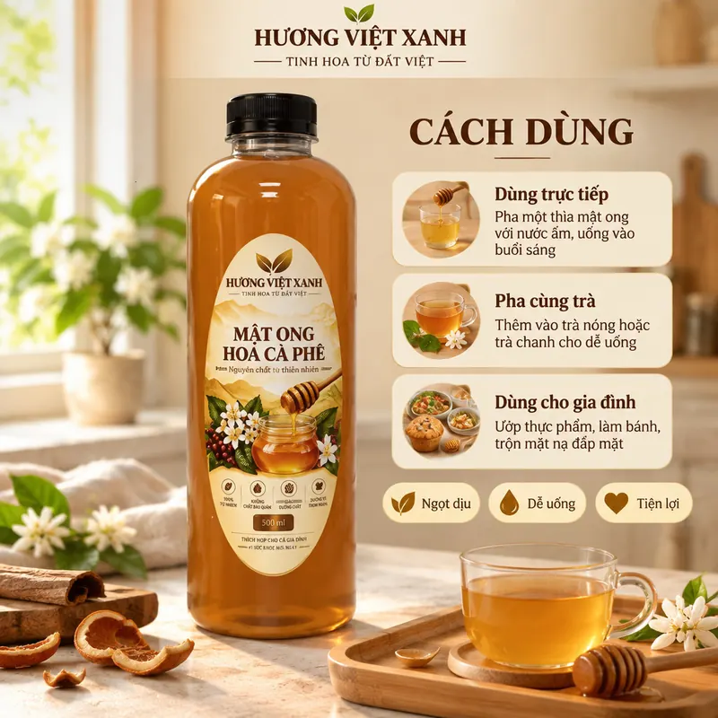 Mật Ong Hoa Cà Phê Nguyên Chất Tây Nguyên 0.5 Lít - Nguyên Chất 100%, Không Đường - ảnh sản phẩm thật, nhãn Hương Việt Xanh
