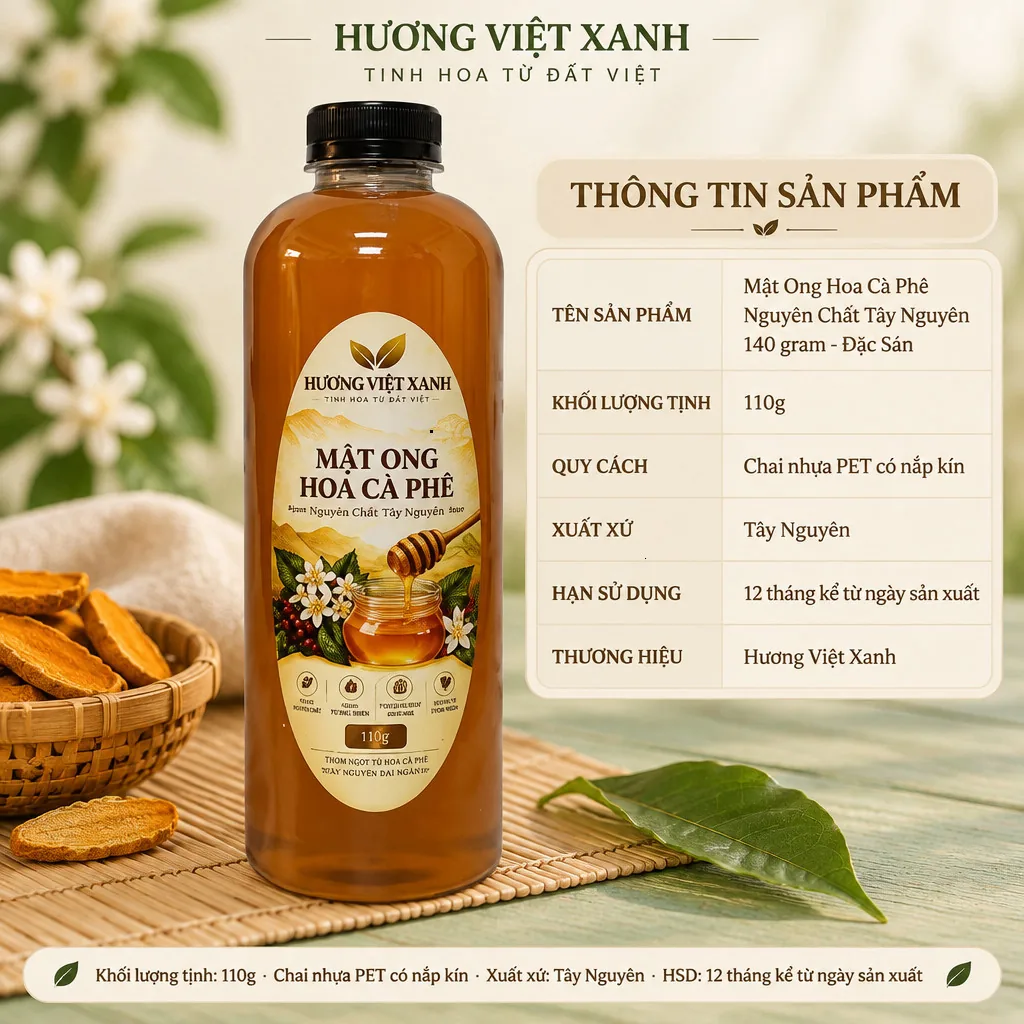 Mật Ong Hoa Cà Phê Nguyên Chất Tây Nguyên 140 gram - Đặc Sánh, Dùng Pha Nước Đắp Mặt - ảnh sản phẩm thật, nhãn in Hương Việt Xanh 140 g
