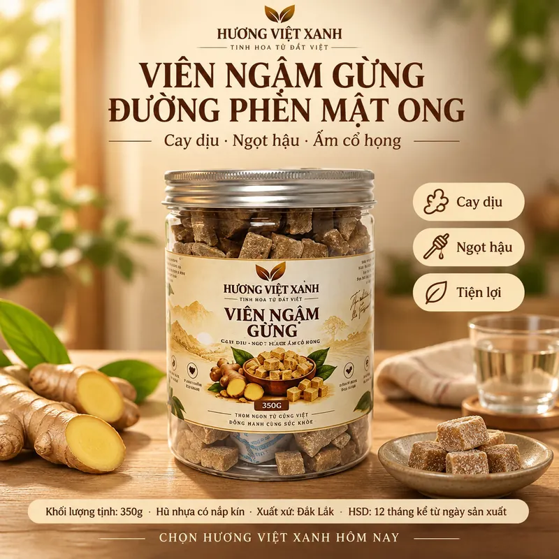 Viên Ngậm Gừng Đường Phèn Mật Ong Đắk Lắk 350g - Đường Phèn Mật Ong Ngọt Hậu - ảnh sản phẩm thật, nhãn Hương Việt Xanh